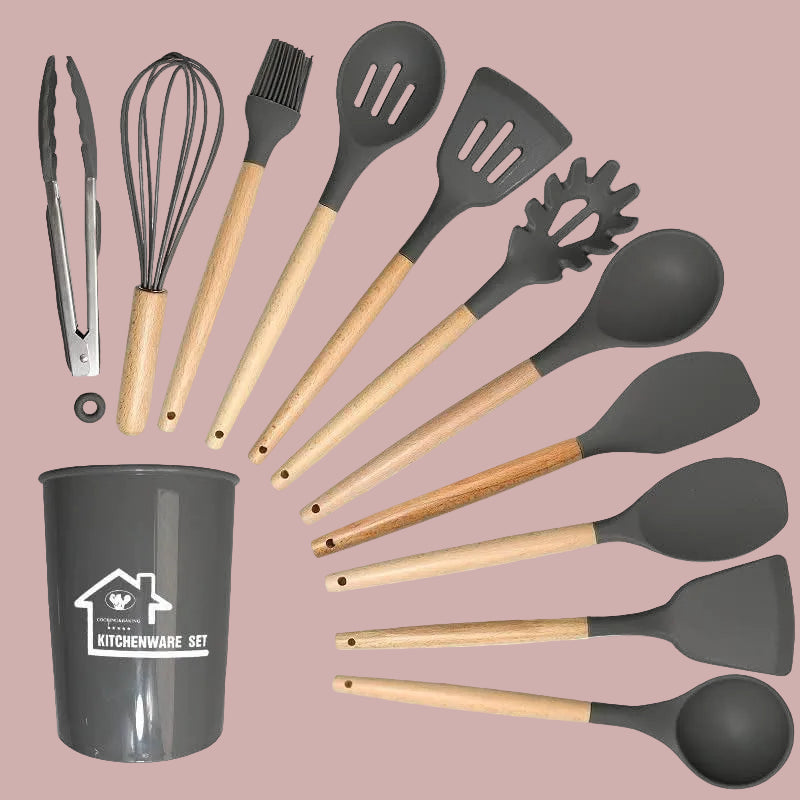 Silicone Cooking Utensils Set with Holder – Set of 11, Kitchen Starter Pack