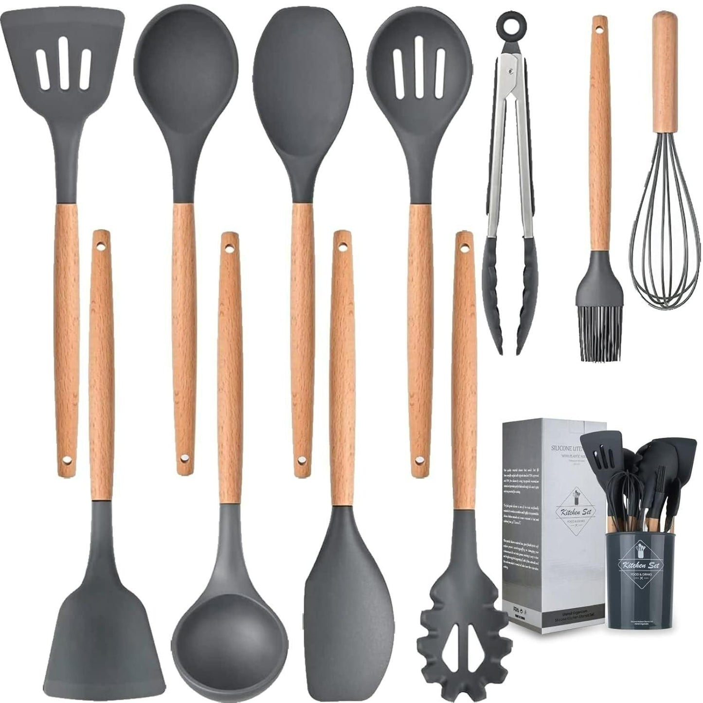 Silicone Cooking Utensils Set with Holder – Set of 11, Kitchen Starter Pack